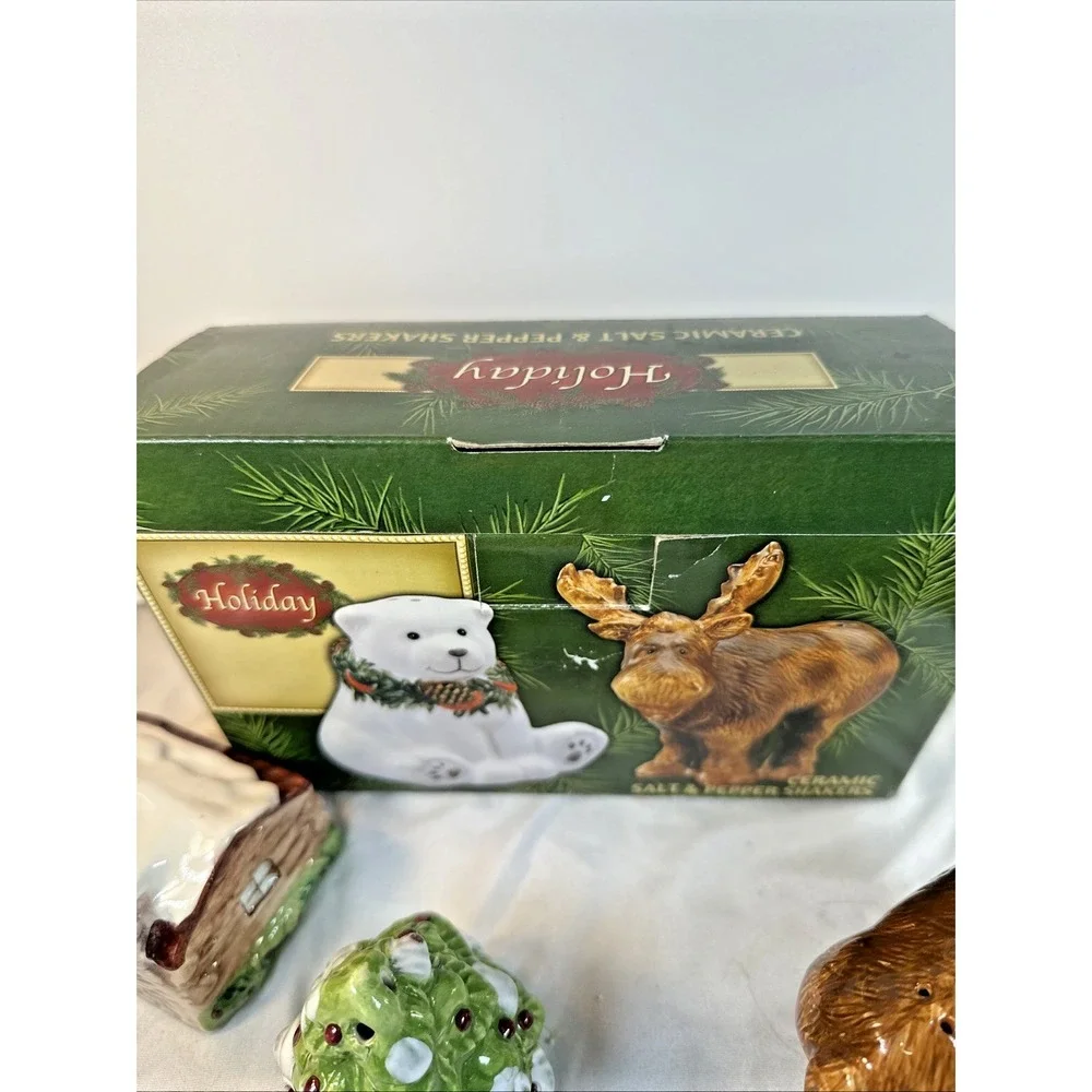 Set of 3 Vintage Holiday Time Ceramic Salt &Pepper Shakers Moose/Tree/Cabin Set